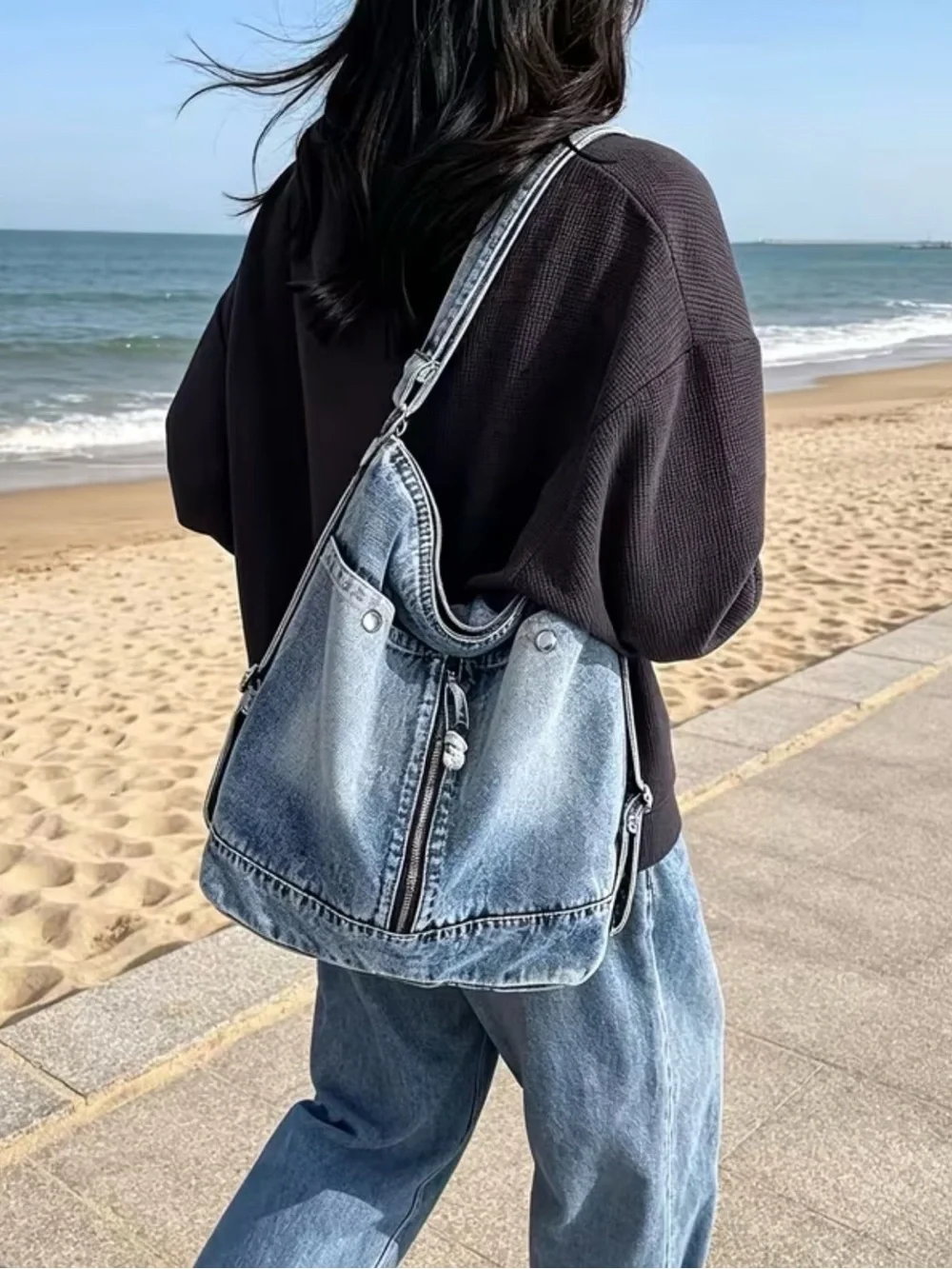 Casual Denim Hobo Bag - Light Blue